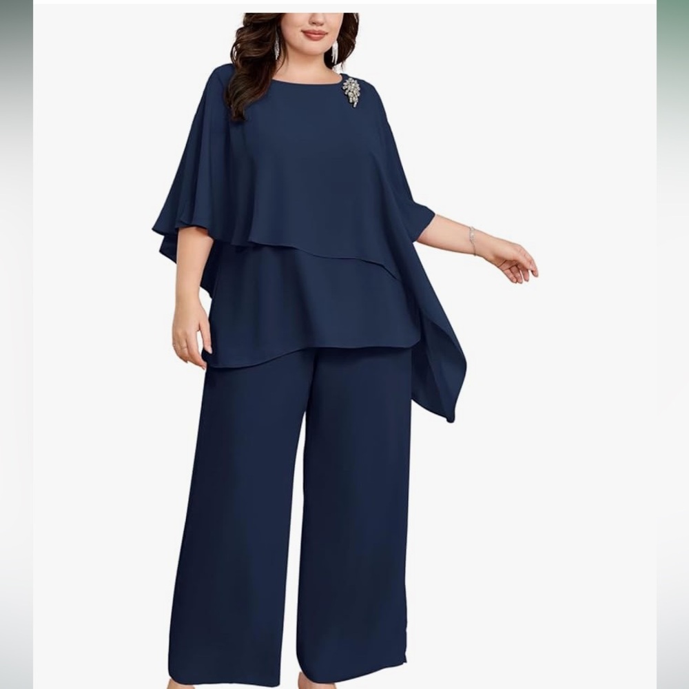 Hanna Nikole Navy Chiffon Pant Suit 16W 2-Piece Ruffle Top Embellishment